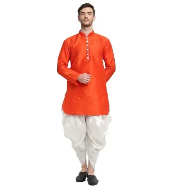 GR-Men's Ethnic Dhoti Kurta Set in Orange and Whit...