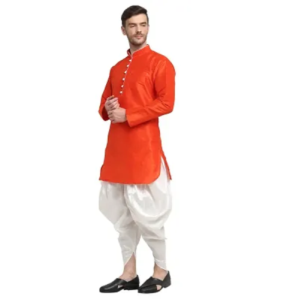 GR-Men's Ethnic Dhoti Kurta Set in Orange and White, made of Dupion Silk, with a Regular Fit [Premium Product]