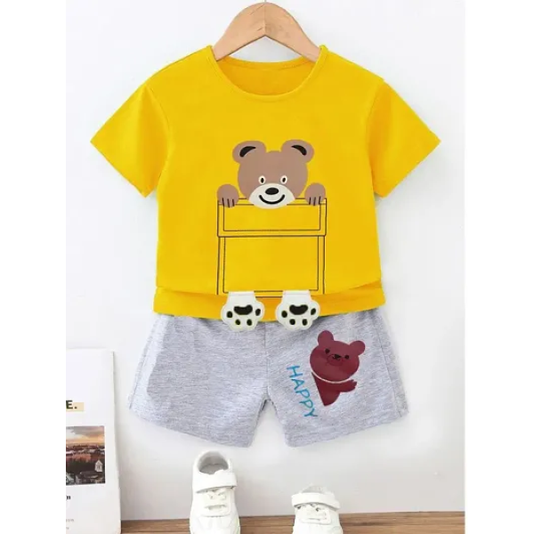 GR-Yellow Printed Cotton T-Shirt and Shorts Set [L...