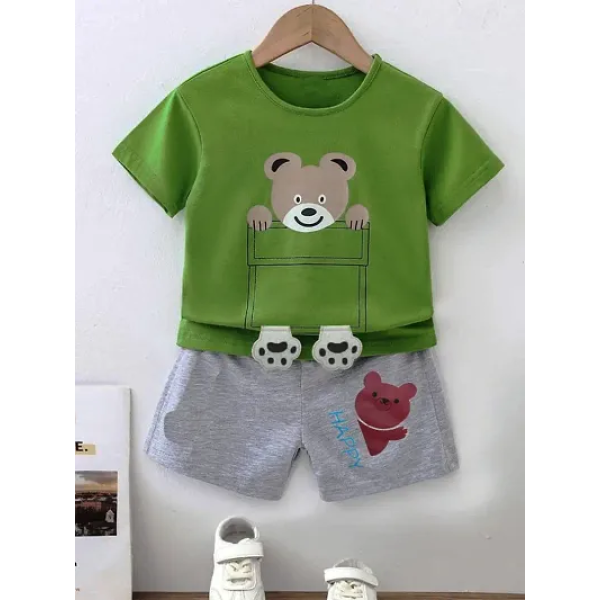 GR-Green Printed Cotton T-Shirt and Shorts Set [Lo...