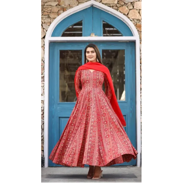 GR-Stunning Red Georgette Gown with Nazneen Dupatt...