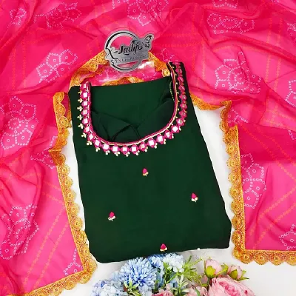 GR-Elegant Green Mirror Gown with Printed Dupatta [Premium Product]