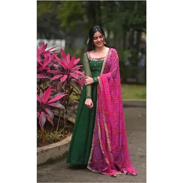 GR-Elegant Green Mirror Gown with Printed Dupatta ...