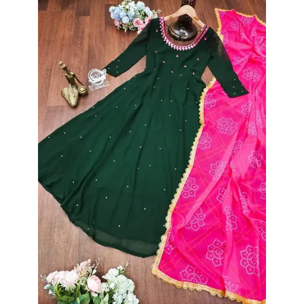 GR-Elegant Green Mirror Gown with Printed Dupatta [Premium Product]