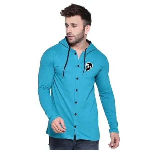 GR-Trendy Turquoise Cotton Blend Hoodie for Men [L...