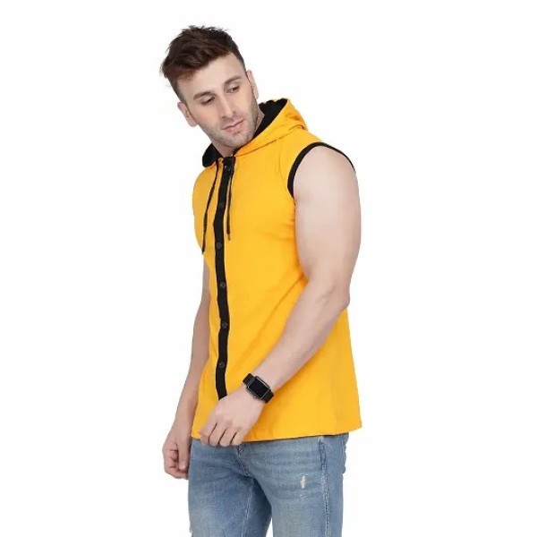 GR-Stylish Yellow Sleeveless Hoodie for Men [Low Budget Product]
