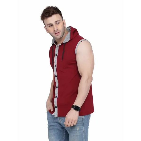 GR-Stylish Maroon Sleeveless Hoodie for Men [Low Budget Product]