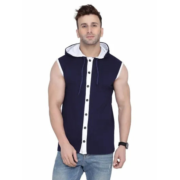 GR-Stylish Navy Blue Sleeveless Hoodie for Men [Lo...