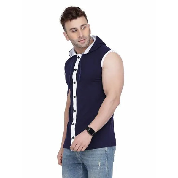 GR-Stylish Navy Blue Sleeveless Hoodie for Men [Low Budget Product]