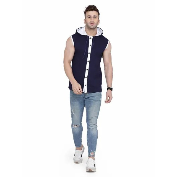 GR-Stylish Navy Blue Sleeveless Hoodie for Men [Low Budget Product]