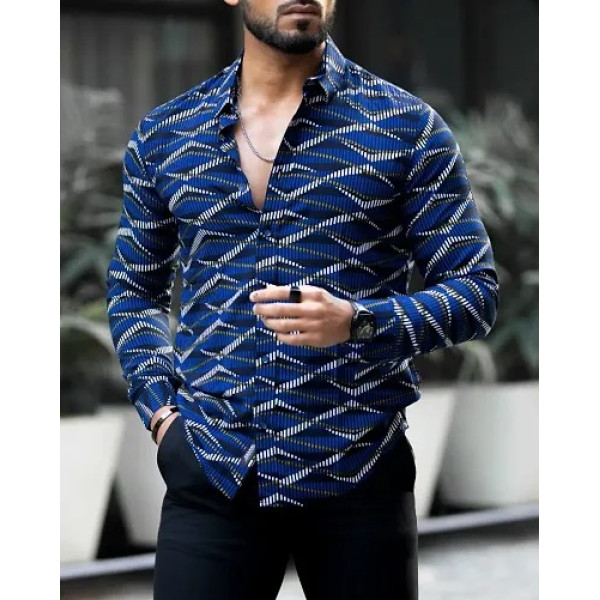 GR-Navy Blue Polyester Spandex Printed Casual Shirts For Men [Low Budget Product]