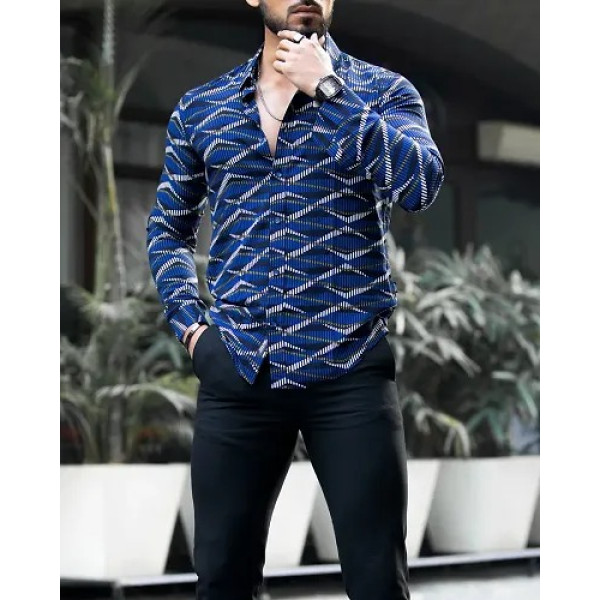 GR-Navy Blue Polyester Spandex Printed Casual Shirts For Men [Low Budget Product]