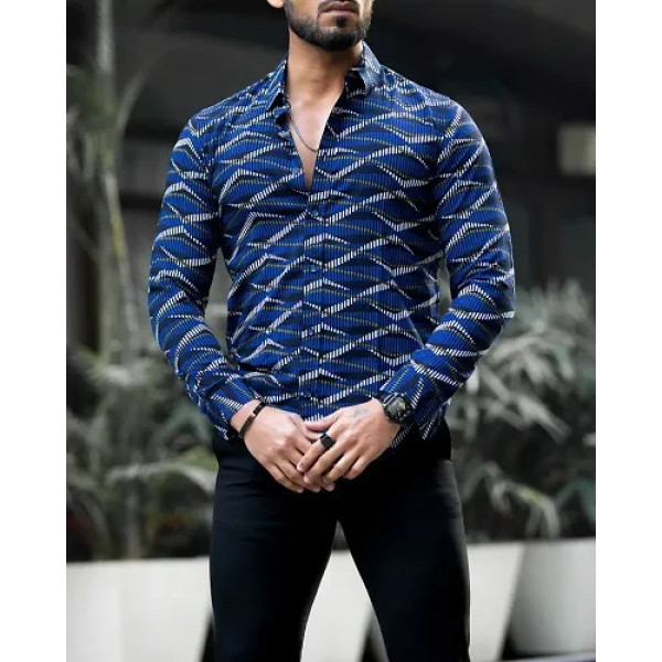 GR-Navy Blue Polyester Spandex Printed Casual Shirts For Men [Low Budget Product]