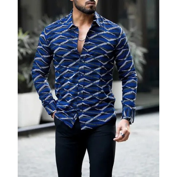 GR-Navy Blue Polyester Spandex Printed Casual Shirts For Men [Low Budget Product]