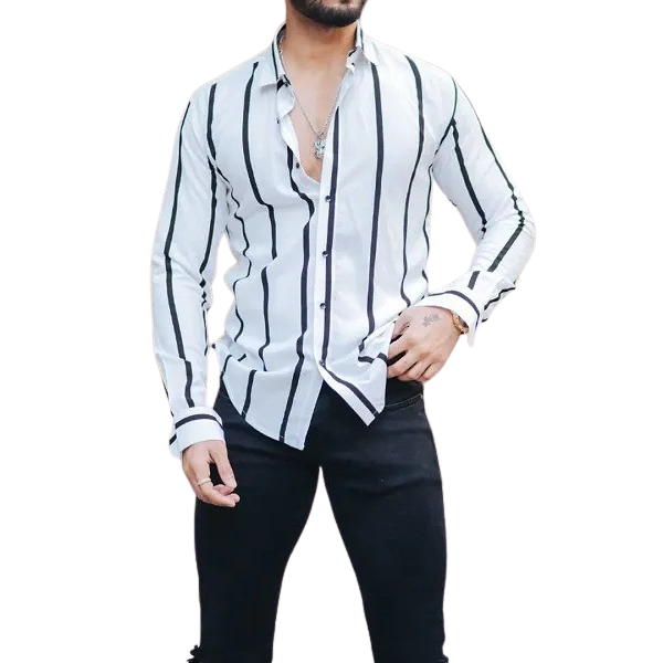 GR-White Polyester Spandex Striped Casual Shirts F...