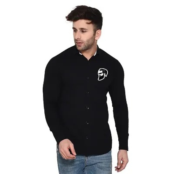 GR-Black Cotton Blend Solid Long Sleeves Casual Sh...