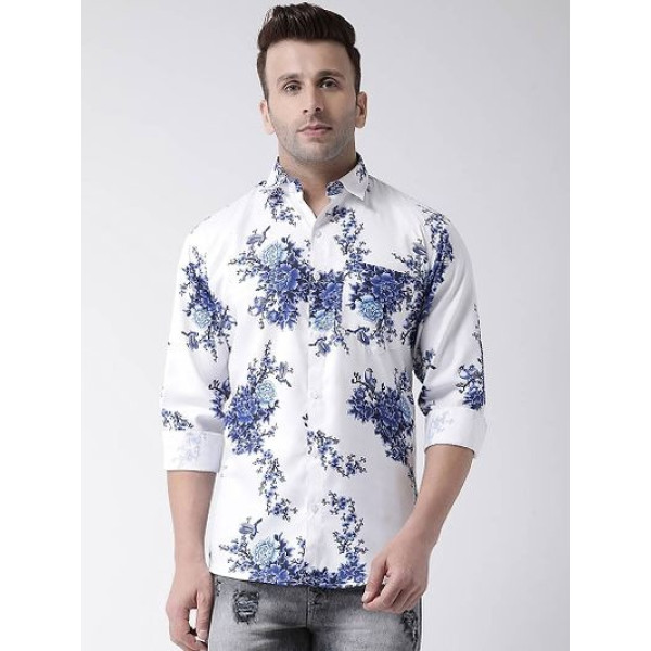 GR-Stylish White Printed Cotton Blend Slim Fit Casual Shirt For Men [Premium Product]