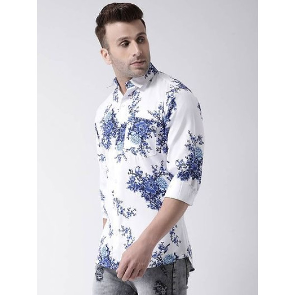 GR-Stylish White Printed Cotton Blend Slim Fit Casual Shirt For Men [Premium Product]