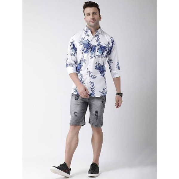GR-Stylish White Printed Cotton Blend Slim Fit Casual Shirt For Men [Premium Product]