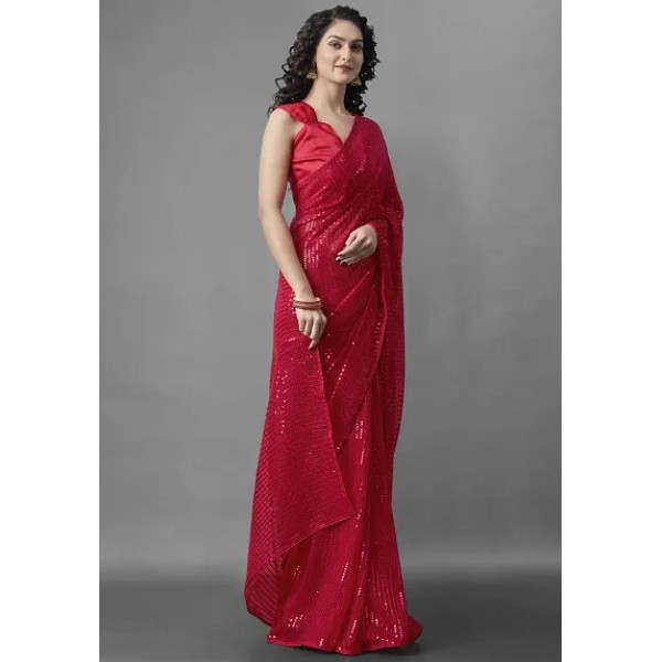 GR-Nirja fab Women Georgette Embroidery Saree (Red) [Premium Product]