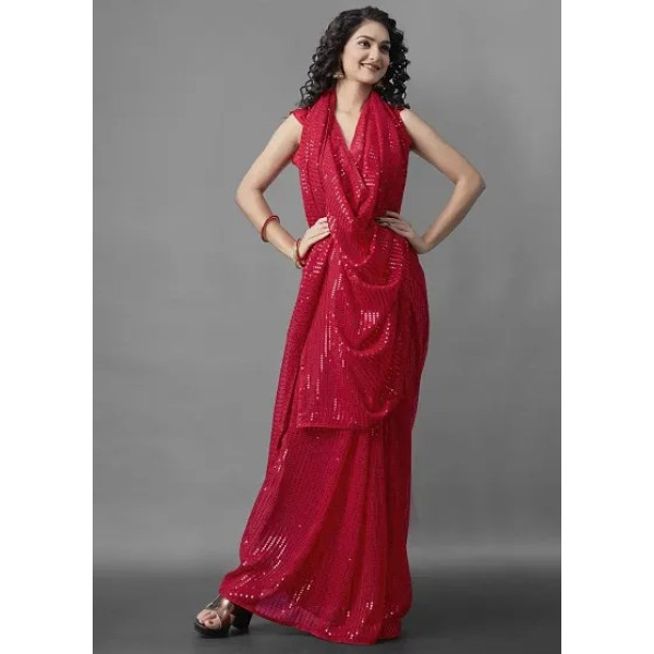 GR-Nirja fab Women Georgette Embroidery Saree (Red) [Premium Product]