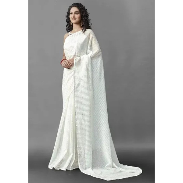 GR-Nirja fab Women Georgette Embroidery Saree (White) [Low Budget Product]