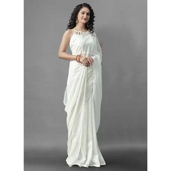 GR-Nirja fab Women Georgette Embroidery Saree (White) [Low Budget Product]