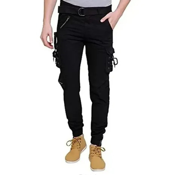 GR-Black Cotton Mid Rise Cargos For Men [Low Budge...
