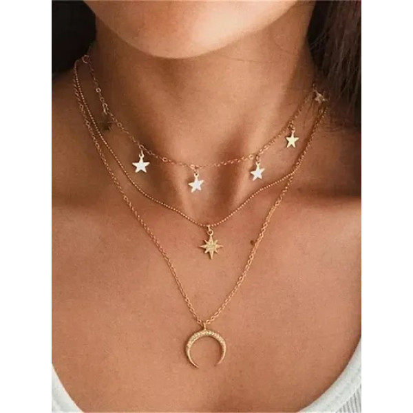 GR-Triple Layered Studded Star Moon Pendant Necklace With Earrings Set For Women [Low Budget Product]