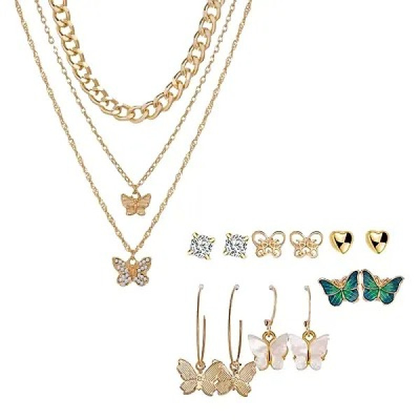 GR-Gold Triple Layered Studded Butterfly Pendant N...