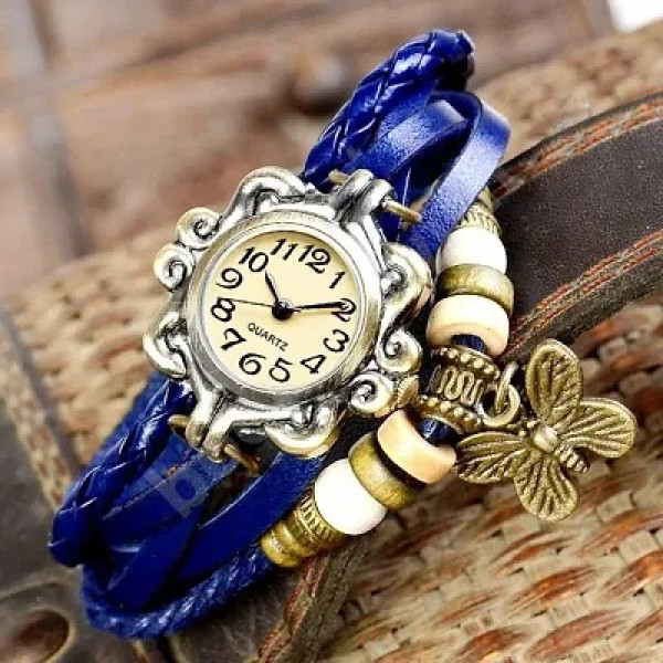 GR-Attractive Women Rakhi Collation Butterfly Blue Leather Belt Watch [Low Budget Product]