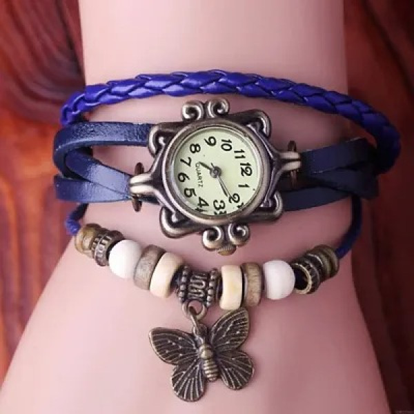 GR-Attractive Women Rakhi Collation Butterfly Blue Leather Belt Watch [Low Budget Product]