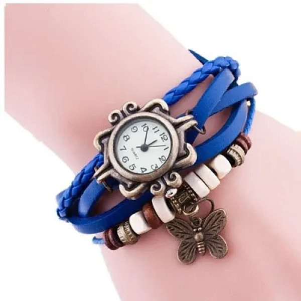 GR-Attractive Women Rakhi Collation Butterfly Blue Leather Belt Watch [Low Budget Product]
