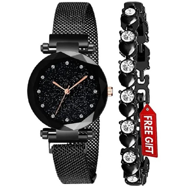 GR-Black Magnet Strap Analogue Women's Watch (Set ...