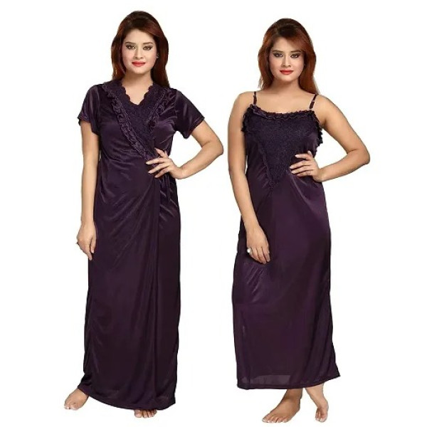 GR-Women's Satin Full-Length Lace Nighty with Robe/Sleep Wear/Night Gown, Free Size (Purple) [Low Budget Product]