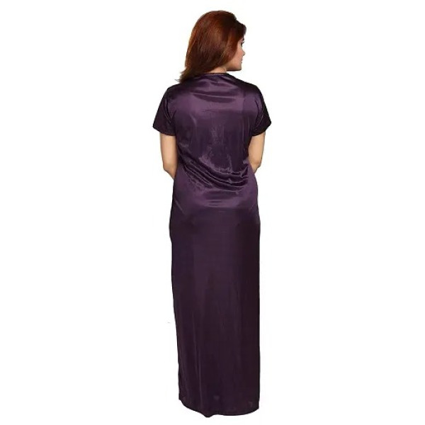 GR-Women's Satin Full-Length Lace Nighty with Robe/Sleep Wear/Night Gown, Free Size (Purple) [Low Budget Product]