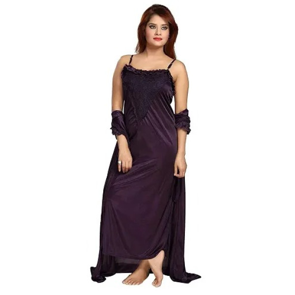 GR-Women's Satin Full-Length Lace Nighty with Robe/Sleep Wear/Night Gown, Free Size (Purple) [Low Budget Product]