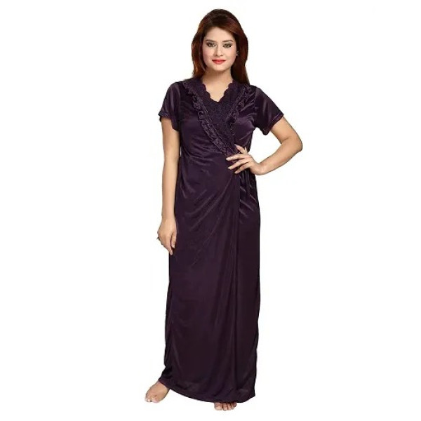 GR-Women's Satin Full-Length Lace Nighty with Robe/Sleep Wear/Night Gown, Free Size (Purple) [Low Budget Product]