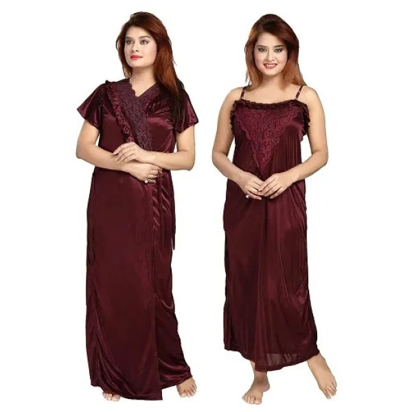 GR-Women's Satin Full-Length Lace Nighty with Robe...