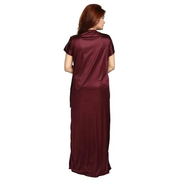 GR-Women's Satin Full-Length Lace Nighty with Robe/Sleep Wear/Night Gown, Free Size (Maroon) [Low Budget Product]