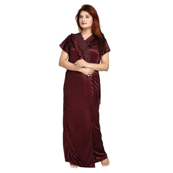 GR-Women's Satin Full-Length Lace Nighty with Robe/Sleep Wear/Night Gown, Free Size (Maroon) [Low Budget Product]