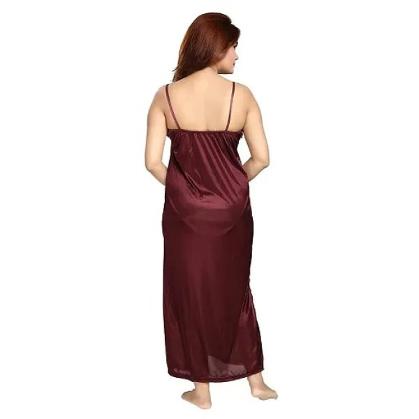 GR-Women's Satin Full-Length Lace Nighty with Robe/Sleep Wear/Night Gown, Free Size (Maroon) [Low Budget Product]
