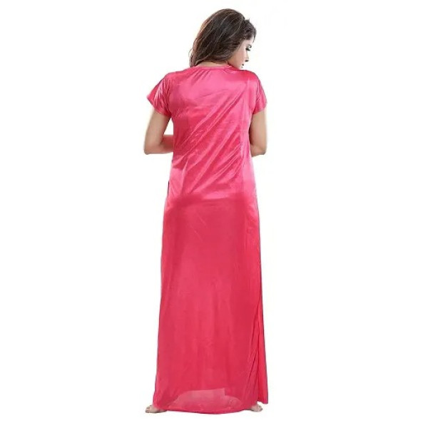 GR-Women's Satin Full-Length Lace Nighty with Robe/Sleep Wear/Night Gown, Free Size (Hot Pink) [Low Budget Product]