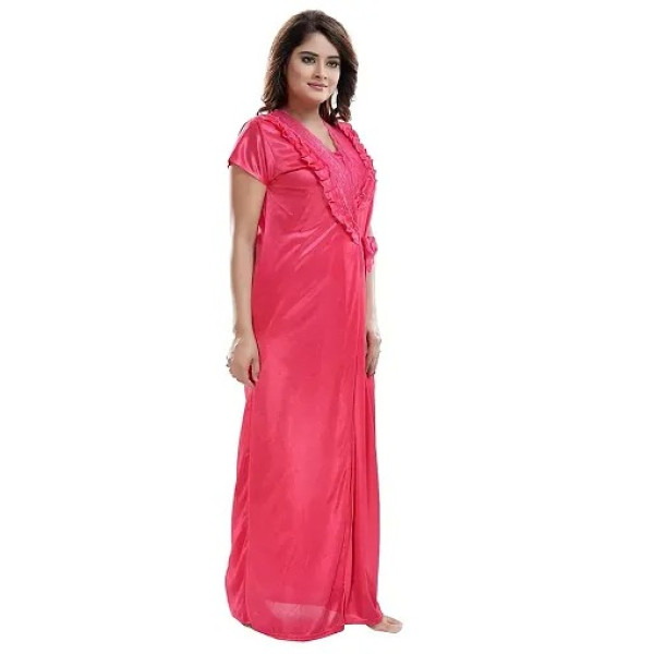 GR-Women's Satin Full-Length Lace Nighty with Robe/Sleep Wear/Night Gown, Free Size (Hot Pink) [Low Budget Product]