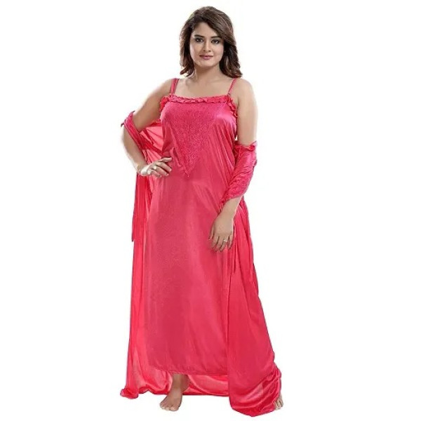 GR-Women's Satin Full-Length Lace Nighty with Robe/Sleep Wear/Night Gown, Free Size (Hot Pink) [Low Budget Product]