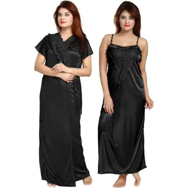 GR-Women's Satin Full-Length Lace Nighty with Robe...