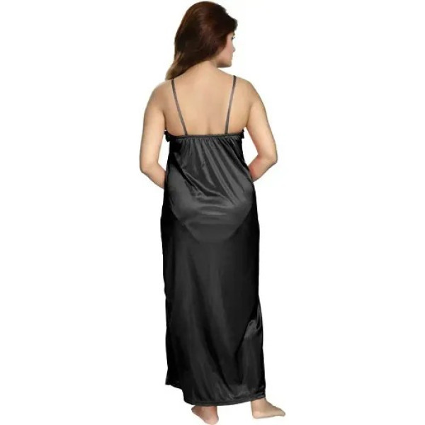 GR-Women's Satin Full-Length Lace Nighty with Robe/Sleep Wear/Night Gown, Free Size (Black) [Low Budget Product]