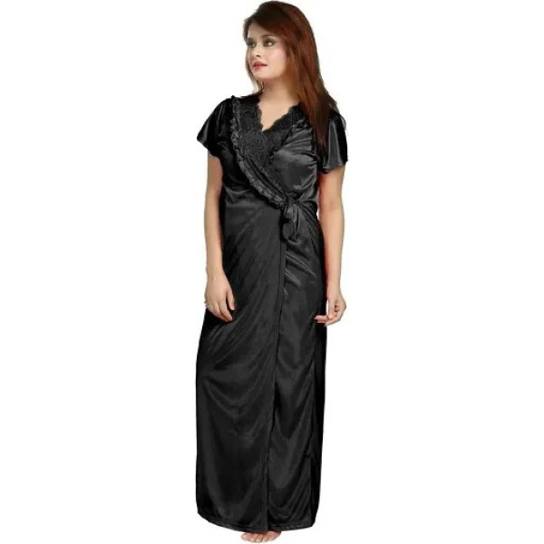 GR-Women's Satin Full-Length Lace Nighty with Robe/Sleep Wear/Night Gown, Free Size (Black) [Low Budget Product]