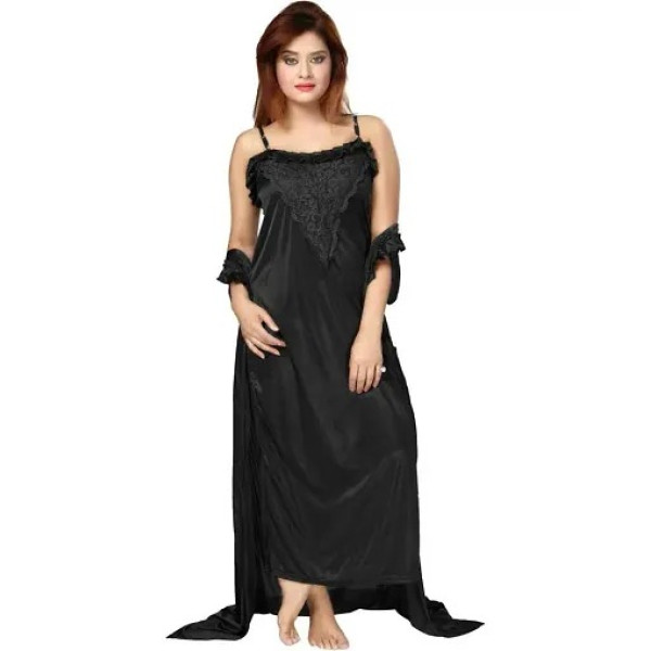 GR-Women's Satin Full-Length Lace Nighty with Robe/Sleep Wear/Night Gown, Free Size (Black) [Low Budget Product]