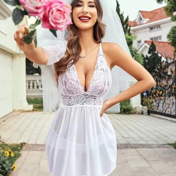 SN-Bridal White Lace & Sheer Babydoll Nightwear [Premium Product]